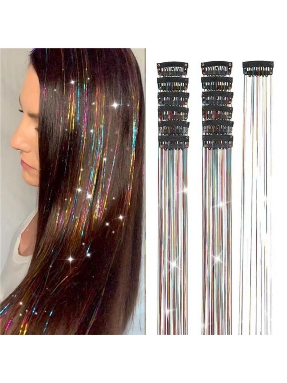 Rainbow hair tinsel clip in extensions glitter strands fairy hair accessories se